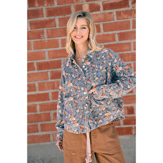WOMENS BLUE FLORAL COTTON DENIM BUTTON SHIRT JACKET: WASHED DENIM / S