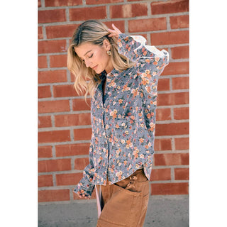 WOMENS BLUE FLORAL COTTON DENIM BUTTON SHIRT JACKET: WASHED DENIM / S