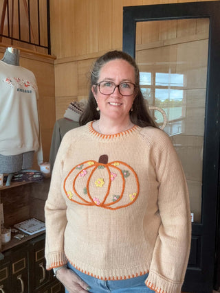 PUMPKIN FLORAL EMBROIDERED THANKSGIVING SWEATER OATMEAL BEIGE
