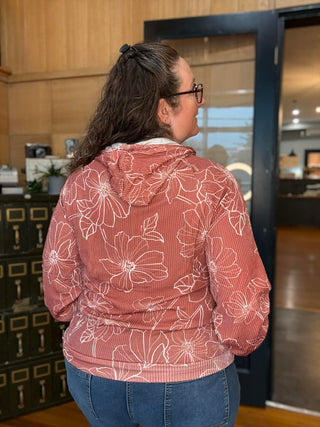 CLAY COLORED TEXTURED FLORAL DRAWSTRING HOODIE WITH POCKET