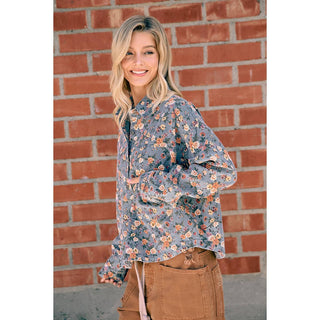 WOMENS BLUE FLORAL COTTON DENIM BUTTON SHIRT JACKET: WASHED DENIM / XL