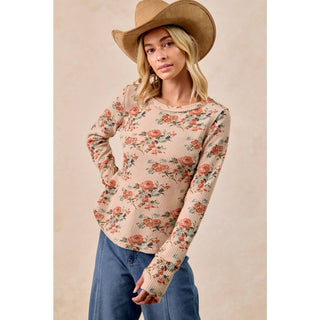 FLORAL PRINT WASHED WAFFLE THERMAL TOP WITH THUMB: TAUPE / XL