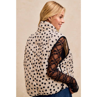POLKA DOT PRINT PIPING DETAIL QUILTED VEST: CREAM & BLACK