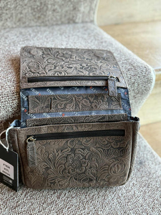 GENUINE BROWN LEATHER FLOWER TOOLED CONCEALED CARRY PURSE