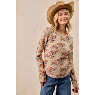 FLORAL PRINT WASHED WAFFLE THERMAL TOP WITH THUMB: TAUPE / XL