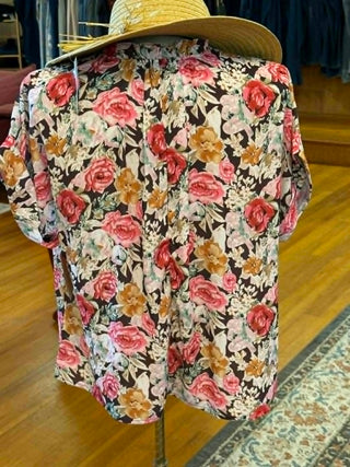 FLORAL ROSE V-NECK RUFFLE BLOUSE