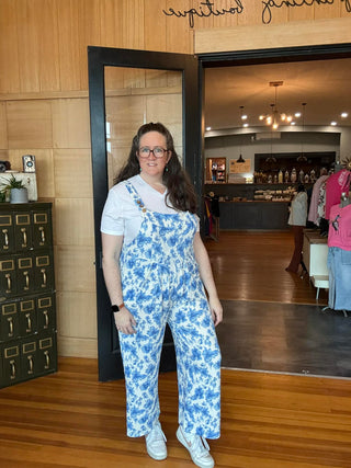 BLAKELY FLORAL BLUE TEXTURED OVERALLS