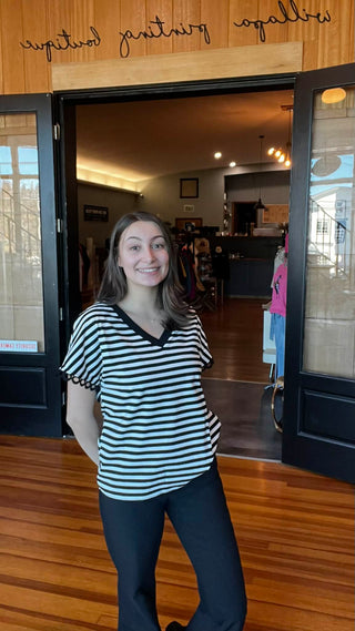 Black Striped Print V Neck Delicate Trim Casual Tee