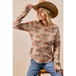 FLORAL PRINT WASHED WAFFLE THERMAL TOP WITH THUMB: TAUPE / XL