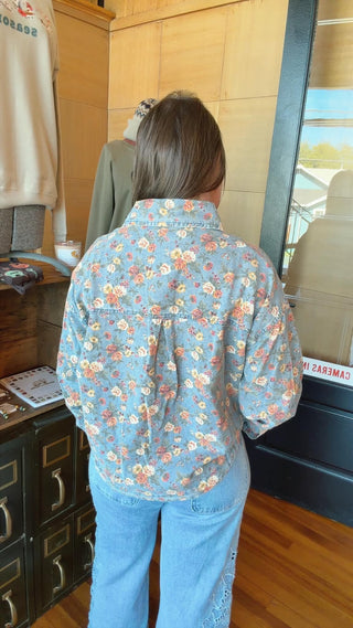 WOMENS BLUE FLORAL COTTON DENIM BUTTON DOWN WASHED DENIM SHIRT 