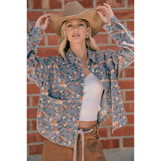 WOMENS BLUE FLORAL COTTON DENIM BUTTON SHIRT JACKET: WASHED DENIM / S