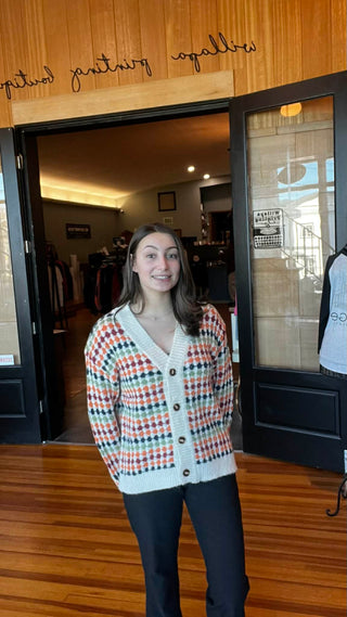 Multicolor Dotty Pattern Knit Button Front V Neck Sweater Cardigan