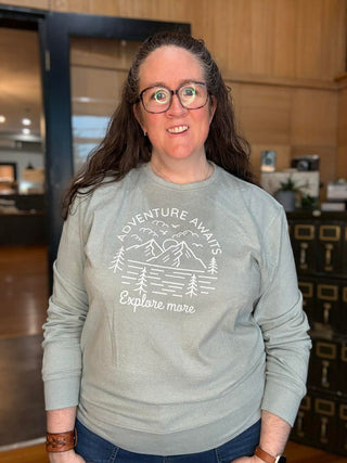 ADVENTURE AWAITS SEAFOAM GREEN SOFTEST CREWNECK