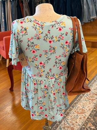 TEAL FLORAL BABYDOLL ROMANTIC RUFFLE TOP