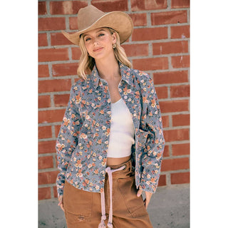 WOMENS BLUE FLORAL COTTON DENIM BUTTON SHIRT JACKET: WASHED DENIM / L