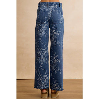 VINTAGE FLORAL VINE PRINT WIDE LEG BIBI JEANS WITH FRINGE BOTTOMS