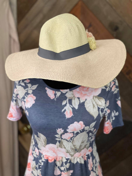 BLUSH BIG BRIM HAT WITH POM POM ACCENT
