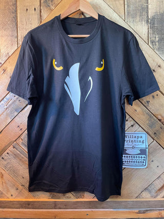 black tee with raven face logo