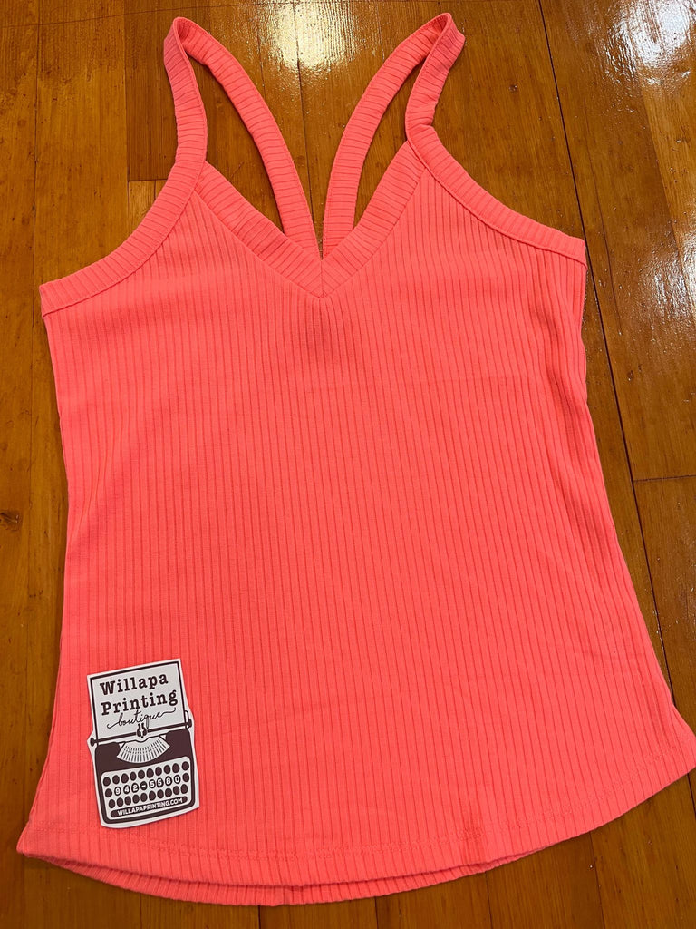 NEON CORAL VNECK RIBBED CAMI TANK TOP- PLUS/REG