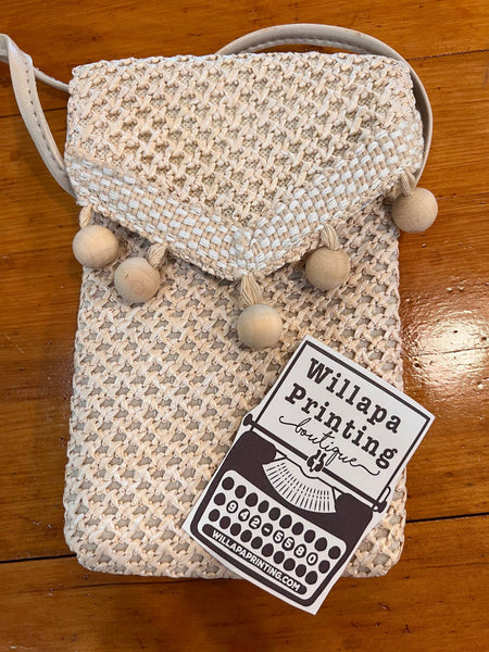 BEIGE BOHO CROSSBODY BAG WITH WOOD POM POMS