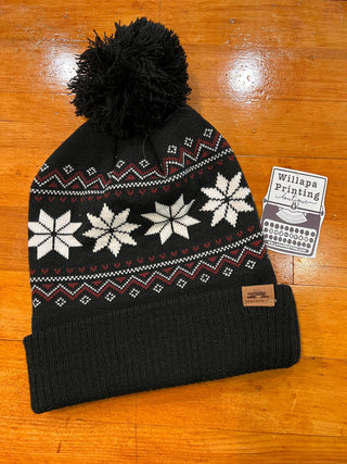 BLACK AND MAROON FAIR ISLE PRINT BEANIE WITH POM POM