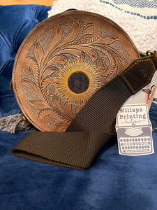 GENUINE LEATHER ROUND SUNFLOWER BAG WITH STRAP