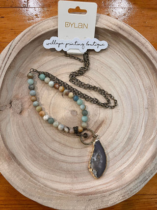AMAZONITE CARLY NECKLACE WITH DRUZY PENDANT AND NATURAL STONE BEADS